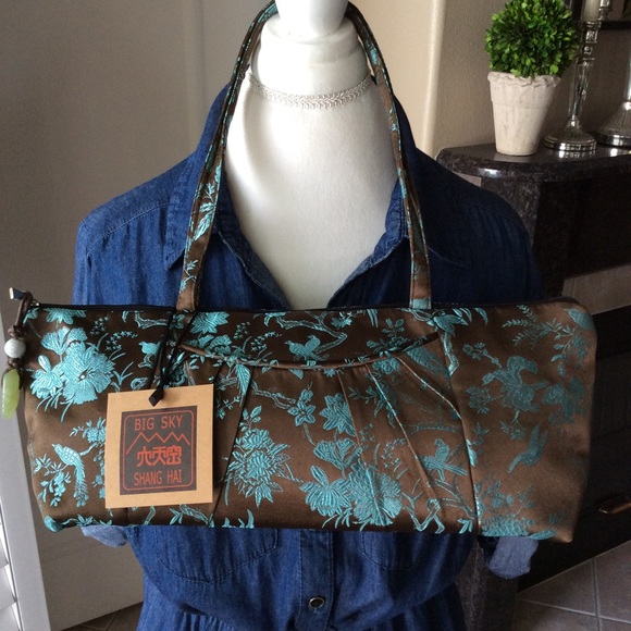 LAST 1! NEW 100% Silk Shoulder Purse Brown Aqua Birds Floral Big Sky Shanghai - Picture 5 of 8